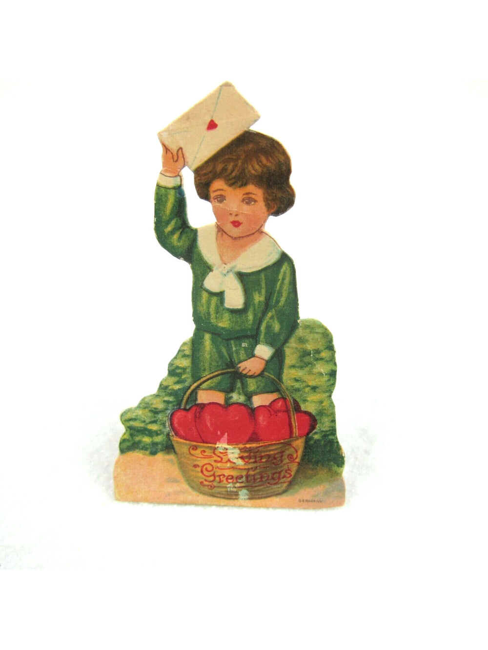 Vintage Valentine Die Cut Stand Up Boy Sailor Suit Heart Basket 1920-30s Germany
